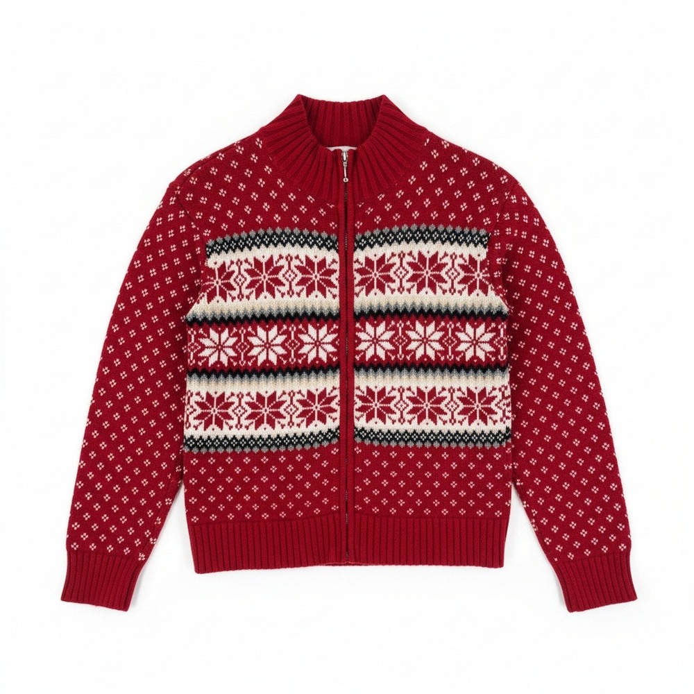 Vintage Fair Isle Zip Cardigan Ramie Cotton Red Mock Neck Nordic Pattern Size L